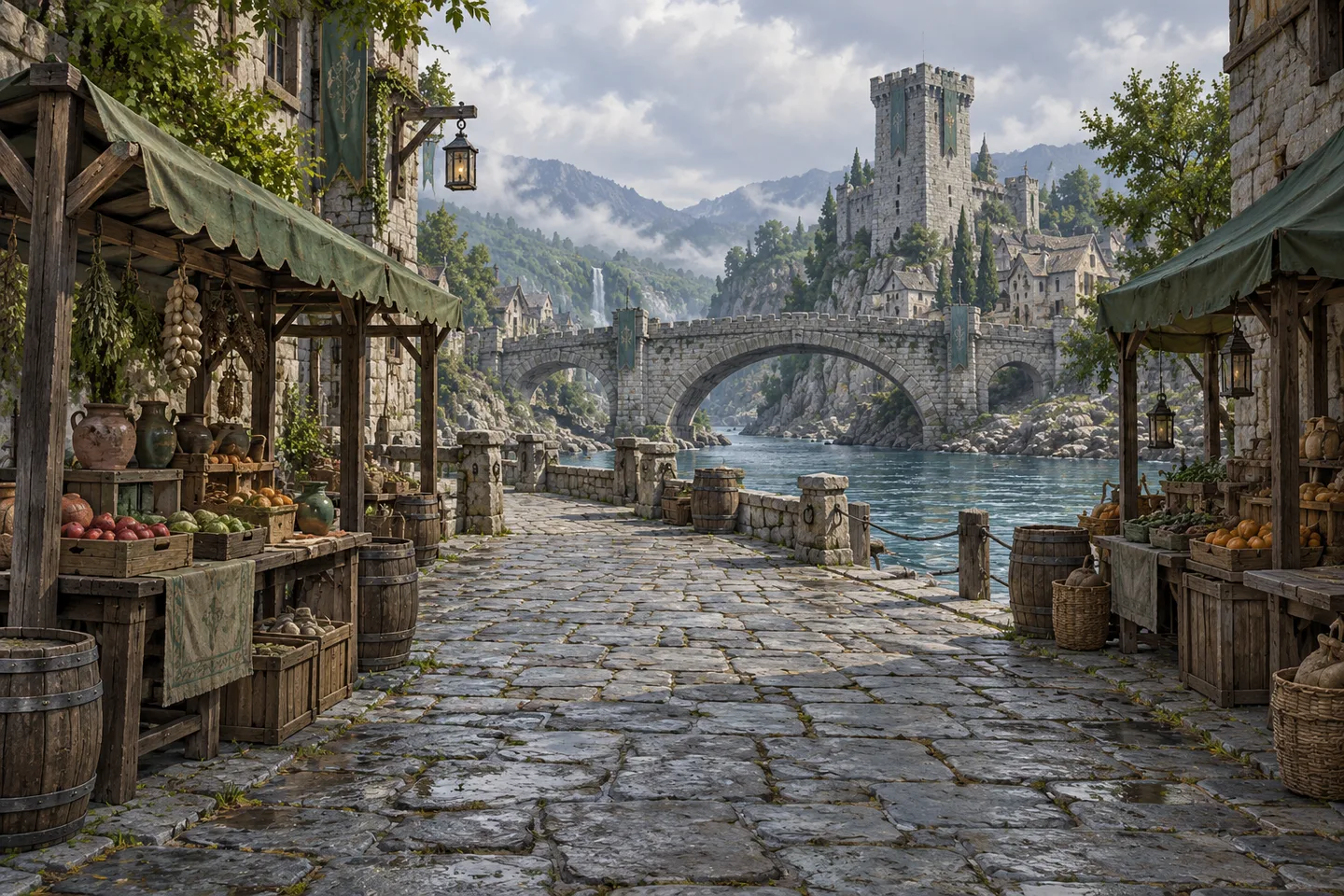 A riverside scene organized around a foreground path, middle-distance stone bridge, and distant watchtower