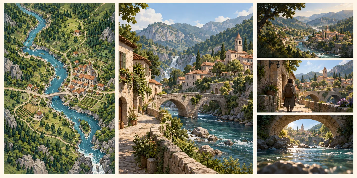 Three representations of a river valley: an overhead map, an eye-level village scene, and a cinematic storyboard